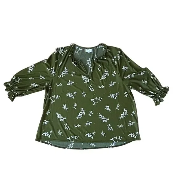 Melloday Women's 3XL Green Floral Balloon Sleeve Blouse - Picture 1 of 6